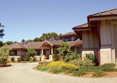 A house with shrubbery.